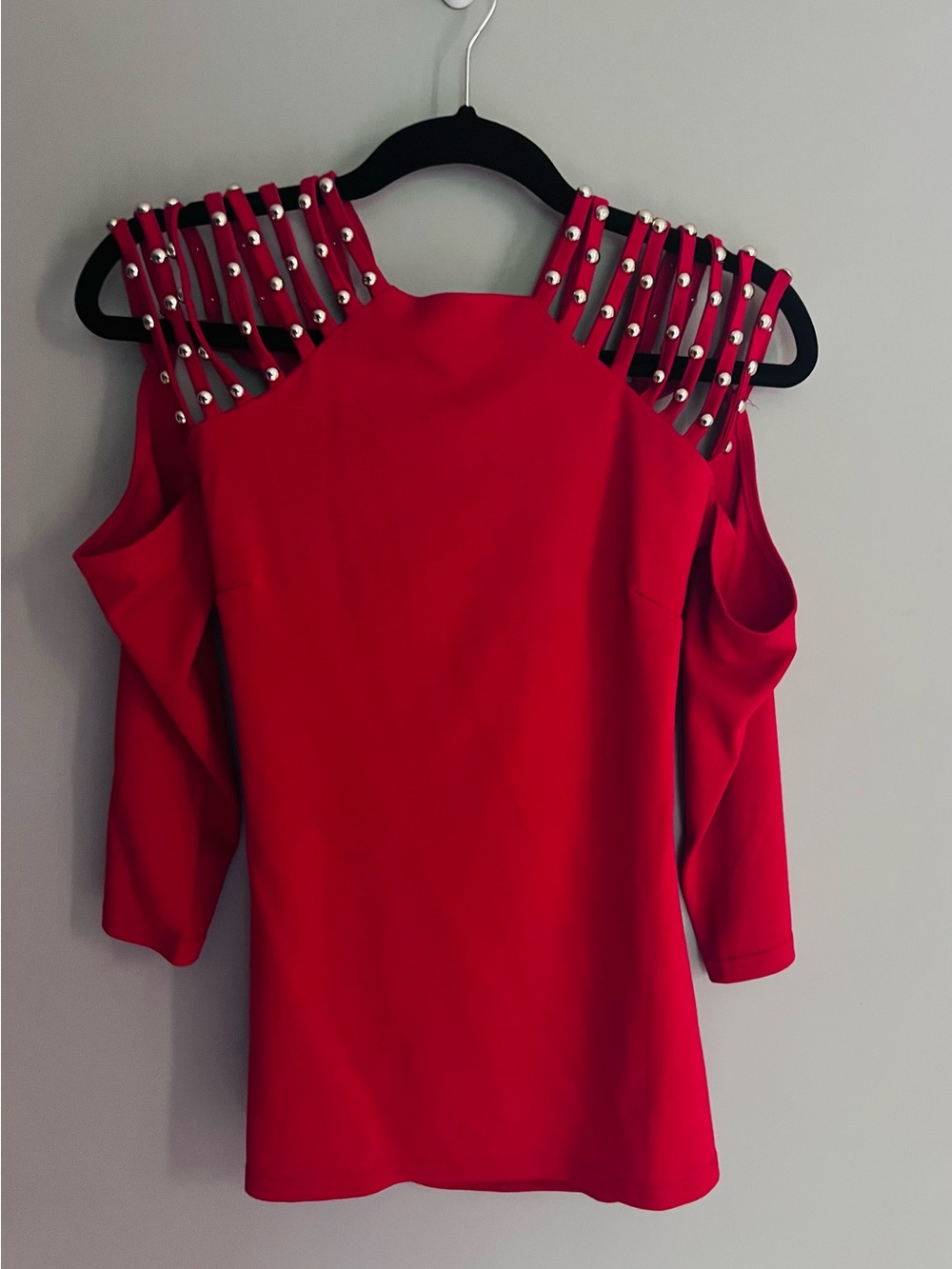 Studded Cold-Shoulder Red Women's Blouse with 3/4 sleeve